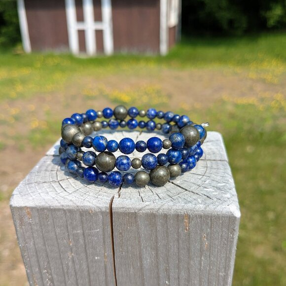 Natural Lapis Lazuli and Pyrite Memory Wire Layer Bracelet - Picture 11 of 14